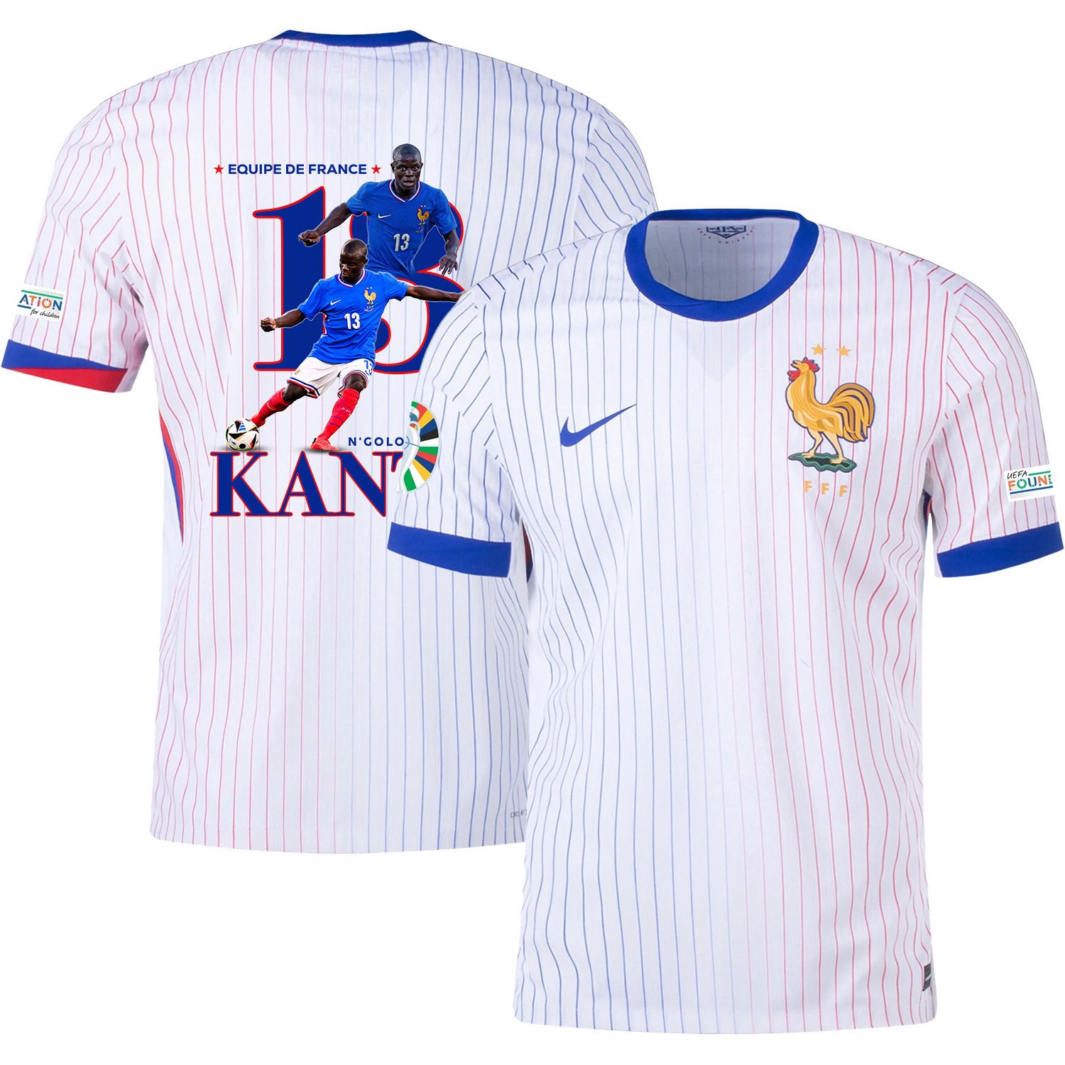 N'Golo Kanté 13 The Star Player Of France National Team 2024/25 Away Jersey - Euro UEFA Patch - Men, White
