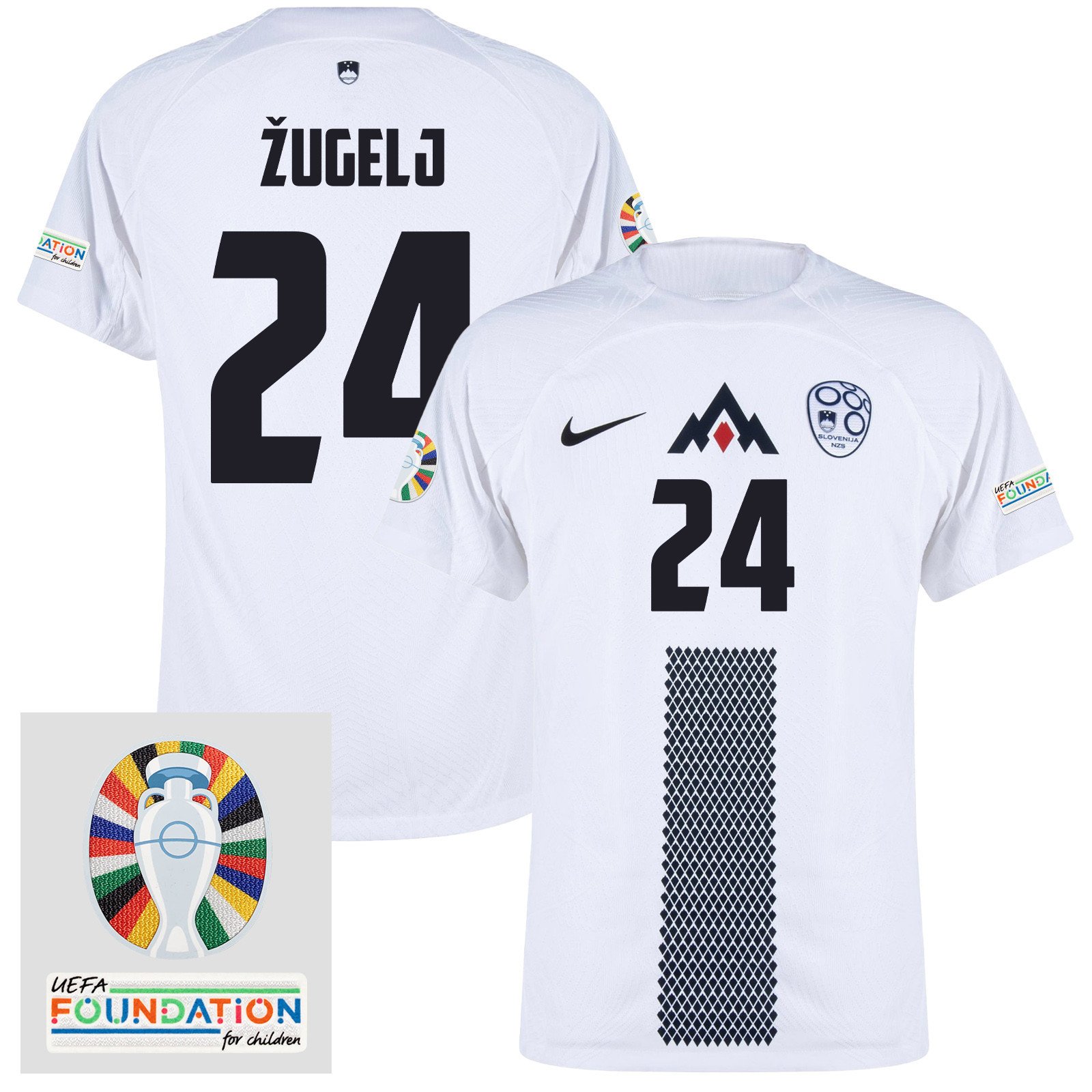Nino Žugelj 24 Slovenia National Team 2024 Euro & Foundation Patch Home Men Jersey - White