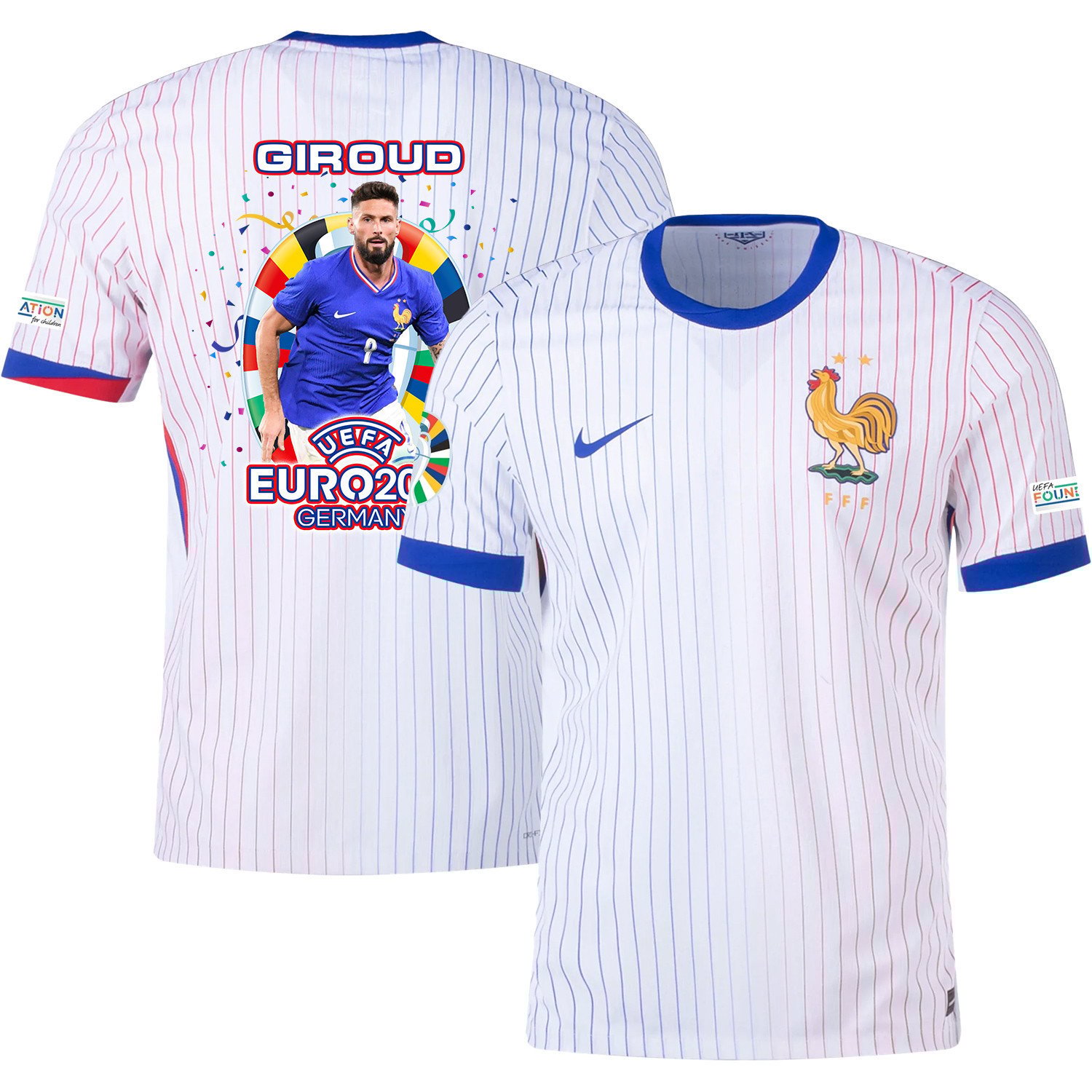 Olivier Giroud 9 Football Icon Of France National Team 2024/25 Away Jersey - Euro UEFA Patch - Men, White