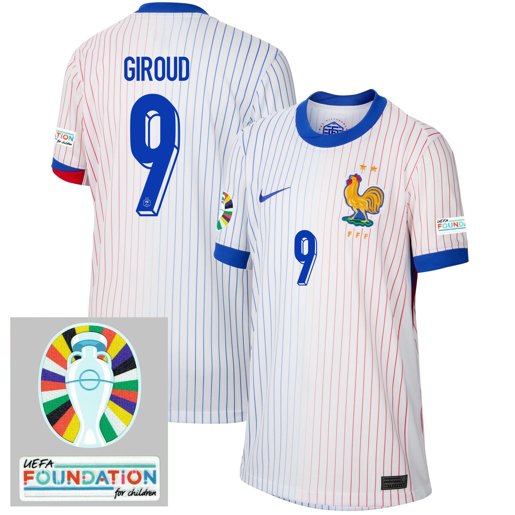 Olivier Giroud 9 France National Team 2024/25 YOUTH Away Jersey - Euro UEFA Patch - White