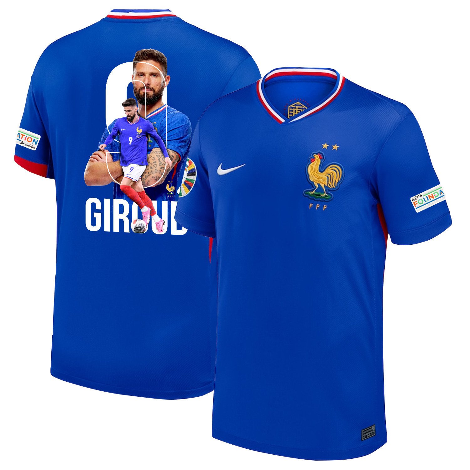 Olivier Giroud 9 Legendary Footballer France National Team 2024/25 Home Jersey - Euro UEFA Patch - Men, Blue