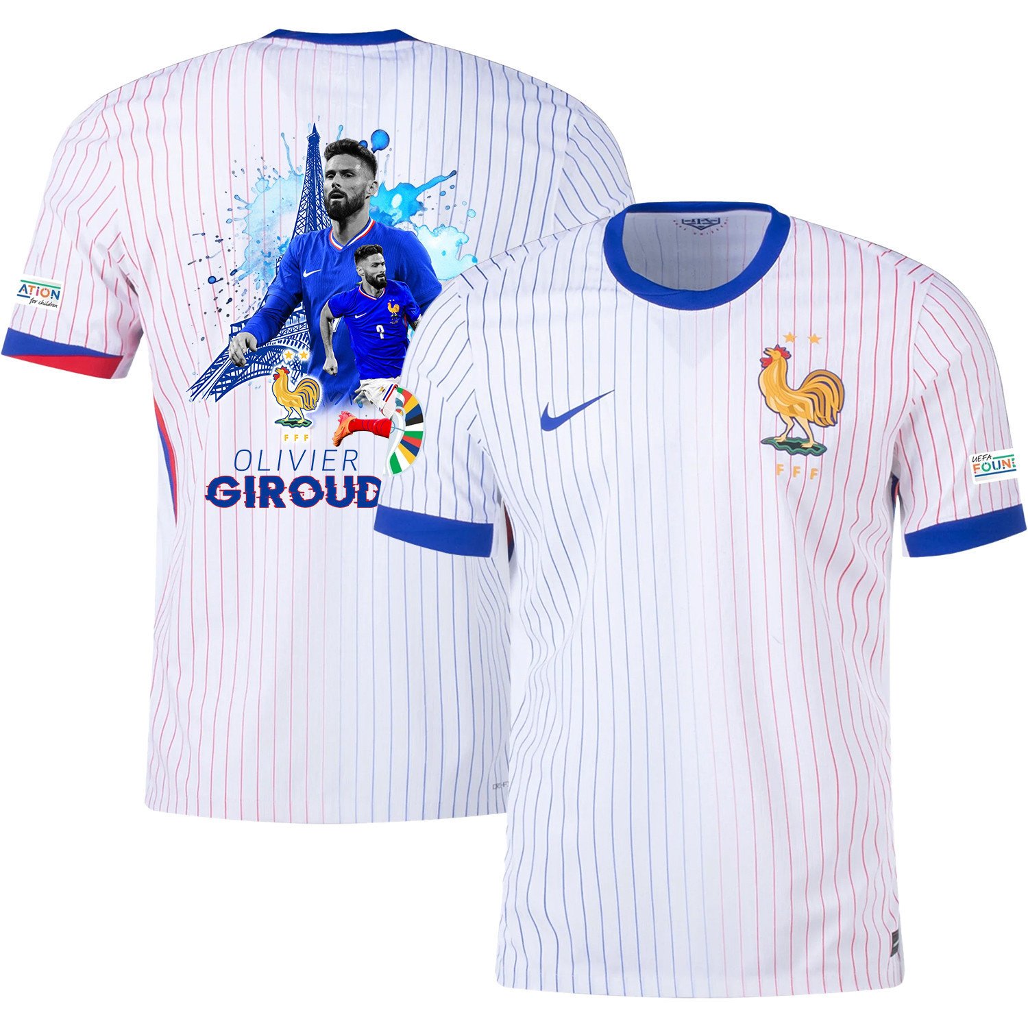 Olivier Giroud 9 The Deadly Striker France National Team 2024/25 Away Jersey - Euro UEFA Patch - Men, White