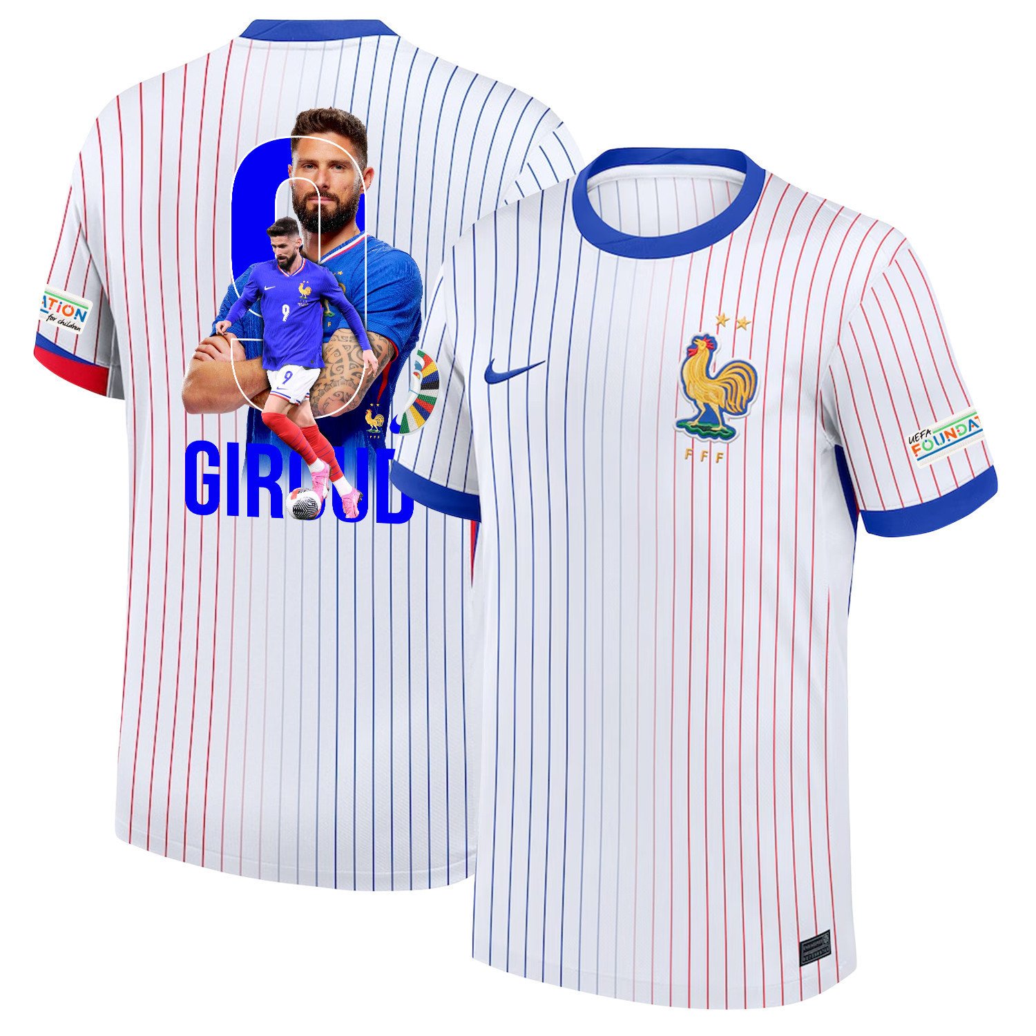 Olivier Giroud 9 The Key Player France National Team 2024/25 Away Jersey - Euro UEFA Patch - Men, White
