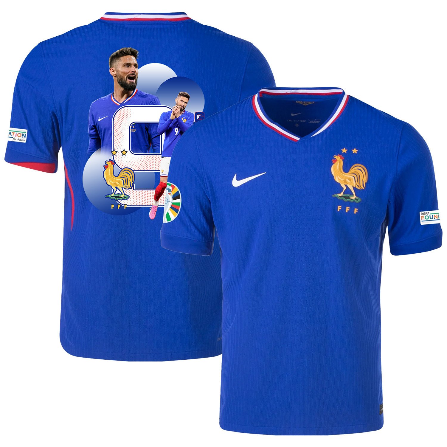 Olivier Giroud 9 The Talented Player France National Team 2024/25 Home Jersey - Euro UEFA Patch - Men, Blue