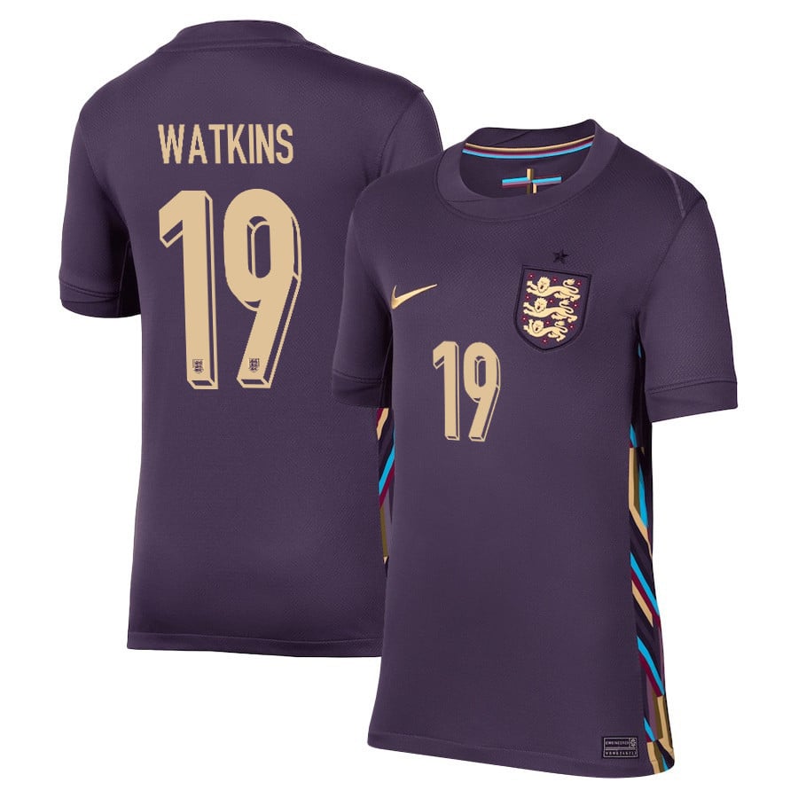 Ollie Watkins 19 England 2024/25 Away Stadium Football YOUTH Jersey - Purple