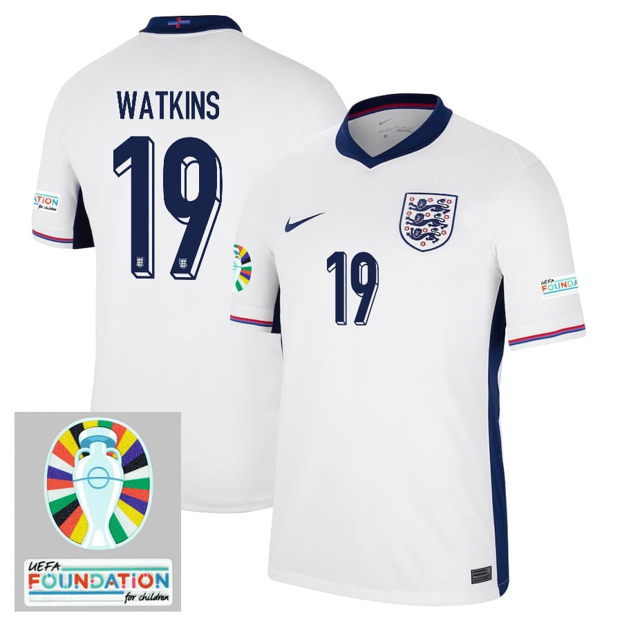 Ollie Watkins 19 England National Team 2024/25 Home Jersey - Euro UEFA Patch - Men, White