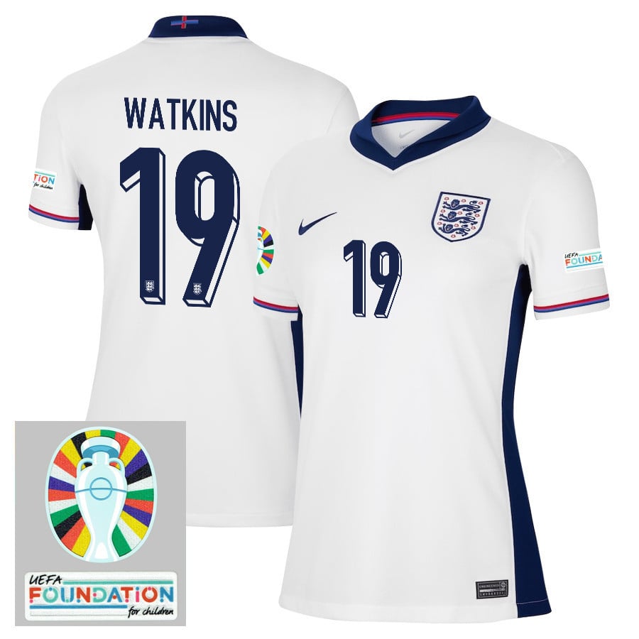 Ollie Watkins 19 England National Team 2024/25 Women's Home Jersey - Euro UEFA Patch - White
