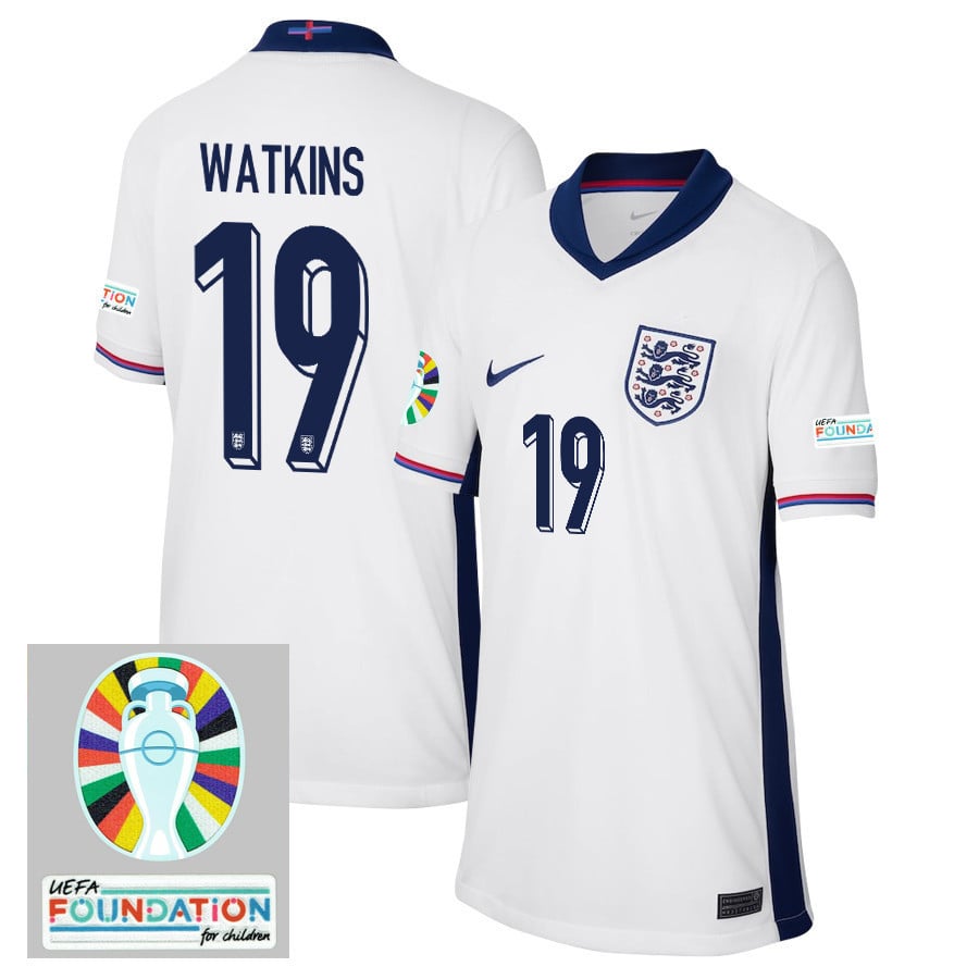 Ollie Watkins 19 England National Team 2024/25 YOUTH Home Jersey - Euro UEFA Patch - White