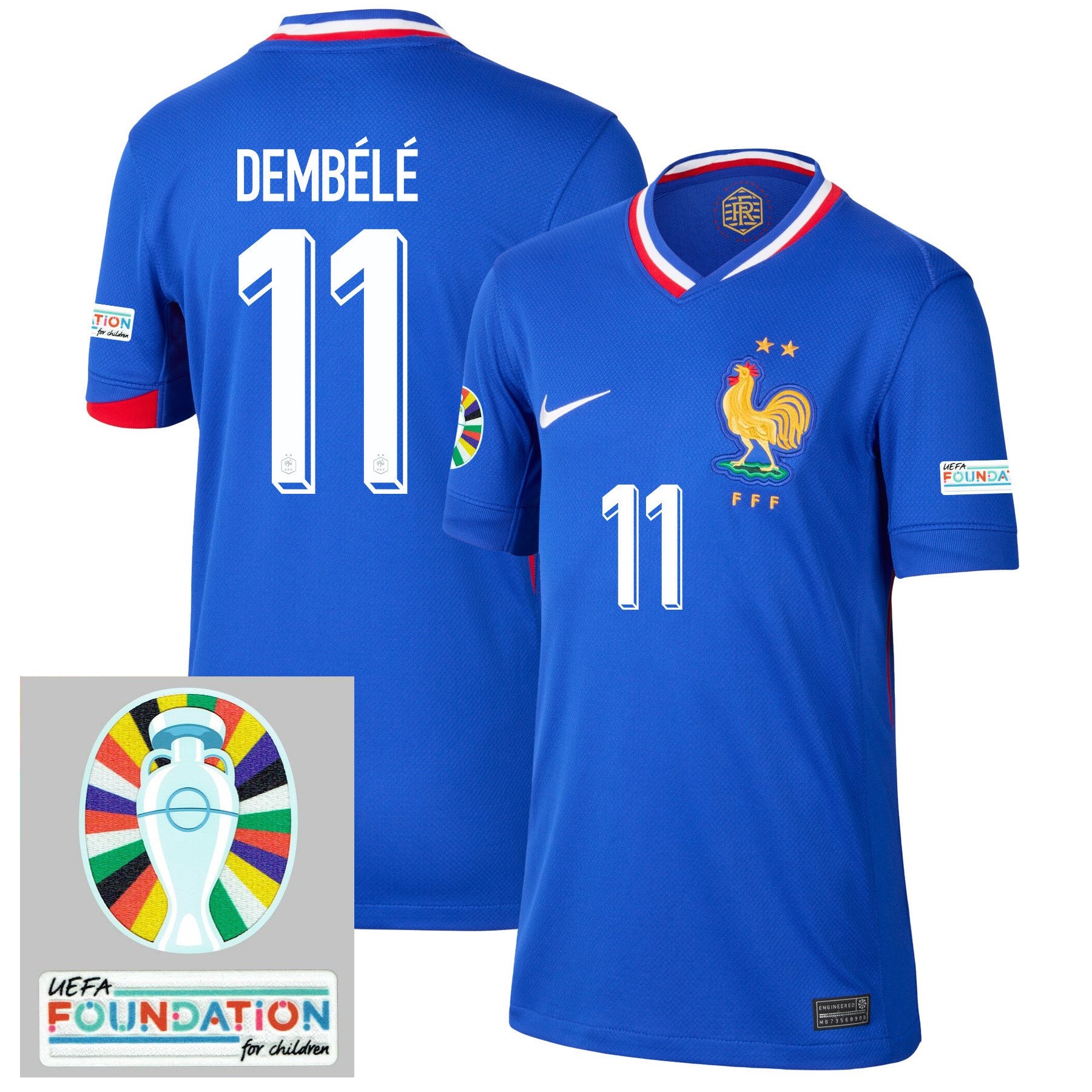 Ousmane Dembélé 11 France National Team 2024/25 YOUTH Home Jersey - Euro UEFA Patch - Blue