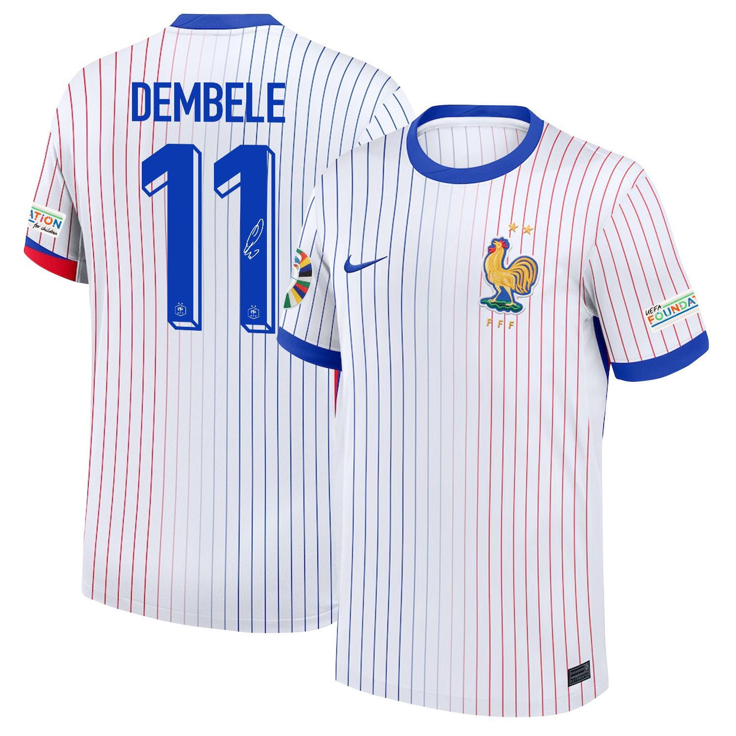 Ousmane Dembélé 11 Signed France National Team 2024/25 Away Jersey - Euro UEFA Patch - Men, White