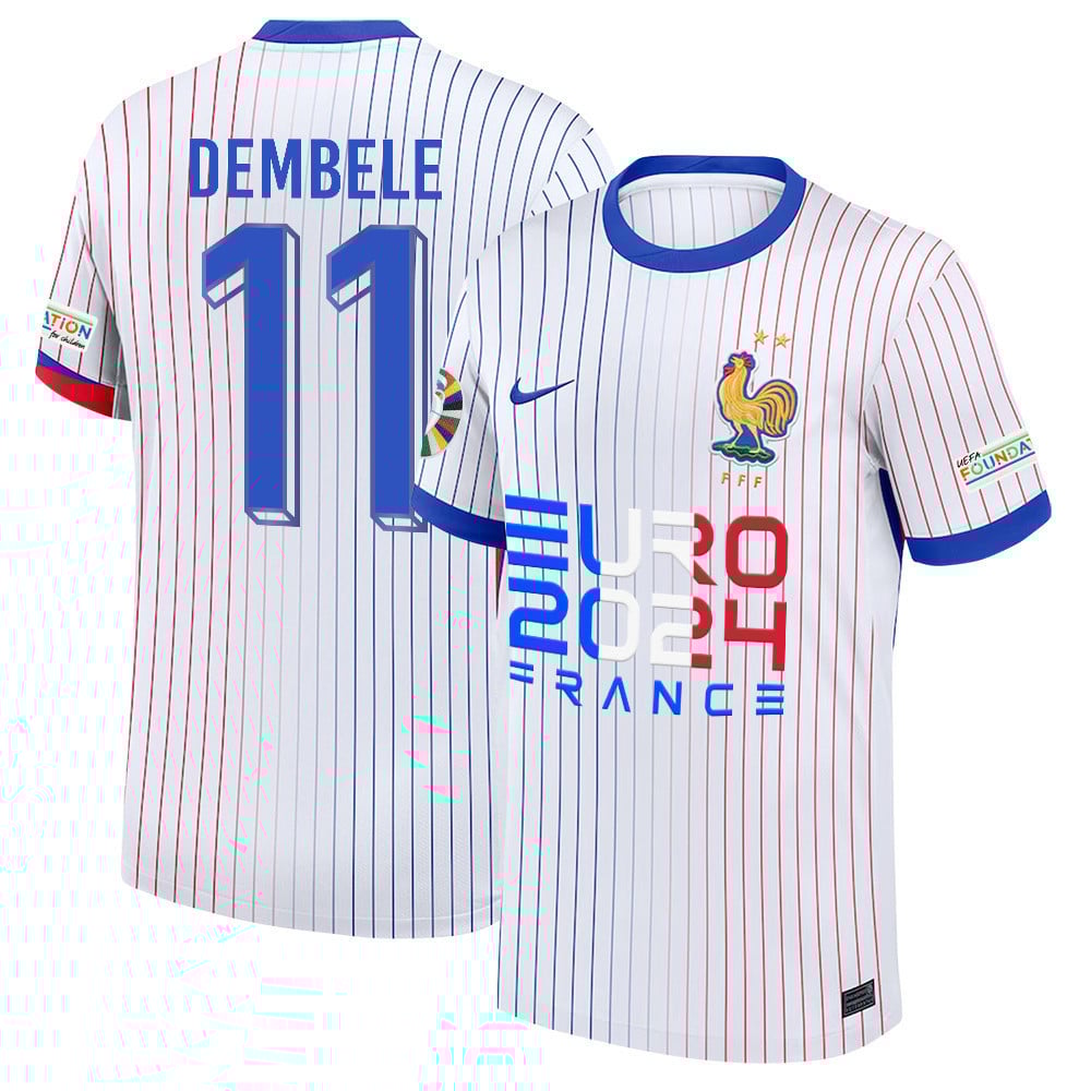Ousmane Dembélé 11 Talented Striker France National Team 2024/25 Away Jersey - Euro UEFA Patch - Men, White