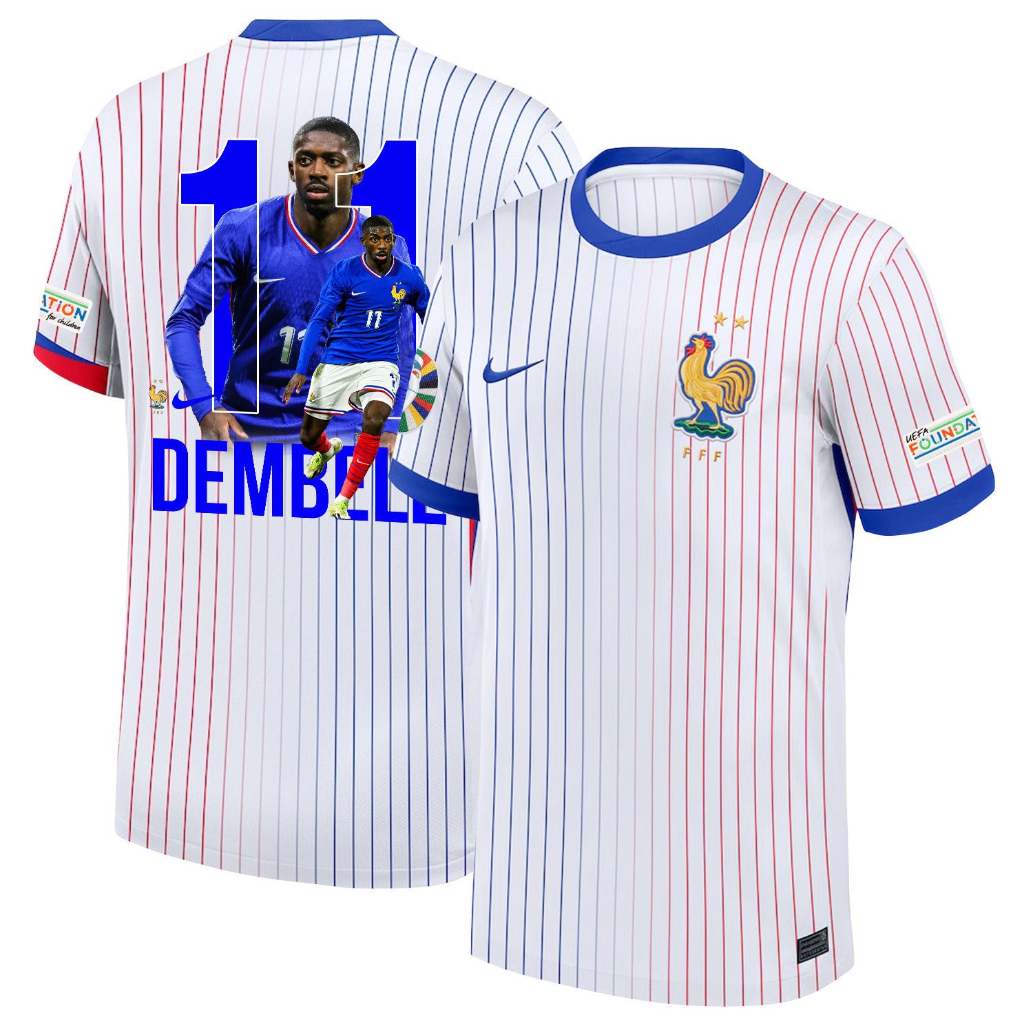 Ousmane Dembélé 11 The Key Player France National Team 2024/25 Away Jersey - Euro UEFA Patch - Men, White
