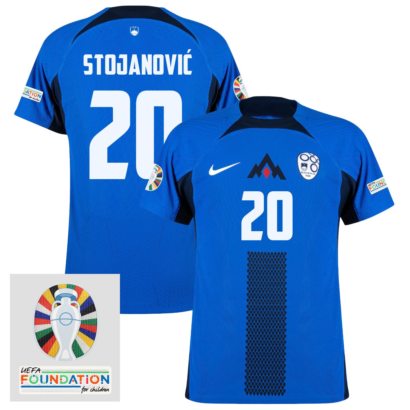 Petar Stojanović 20 Slovenia National Team 2024 Euro & Foundation Patch Away Men Jersey - Blue