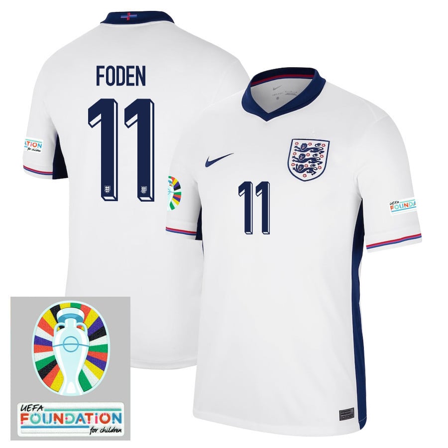 Phil Foden 11 England National Team 2024/25 Home Jersey - Euro UEFA Patch - Men, White