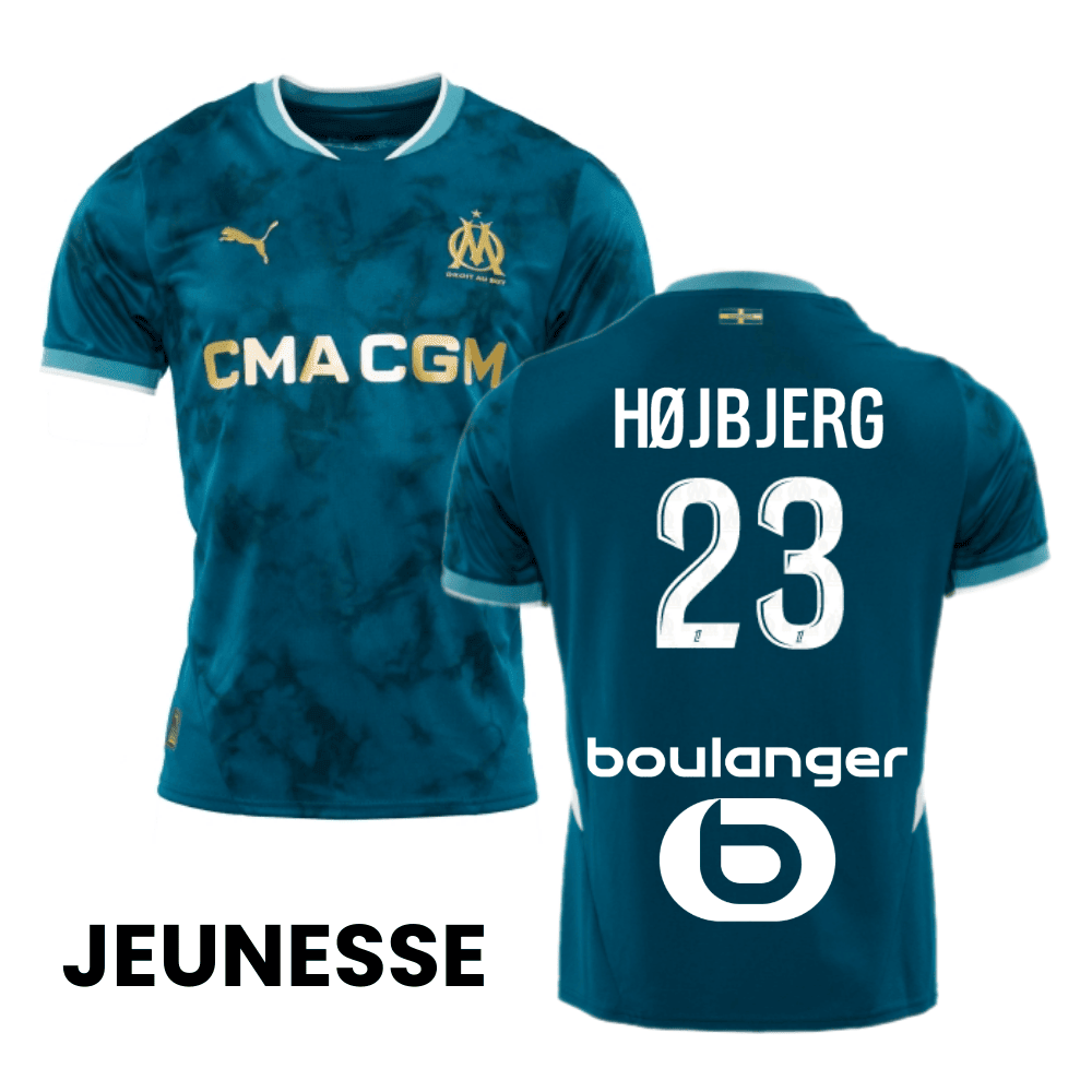 Pierre-Emile Højbjerg 23 Olympique de Marseille 2024/25 Away YOUTH Jersey - Turquoise Blue
