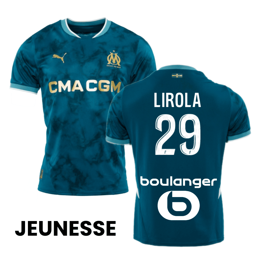 Pol Lirola 29 Olympique de Marseille 2024/25 Away YOUTH Jersey - Turquoise Blue