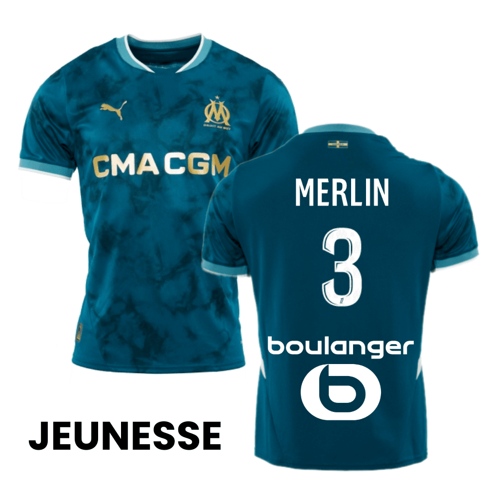 Quentin Merlin 3 Olympique de Marseille 2024/25 Away YOUTH Jersey - Turquoise Blue