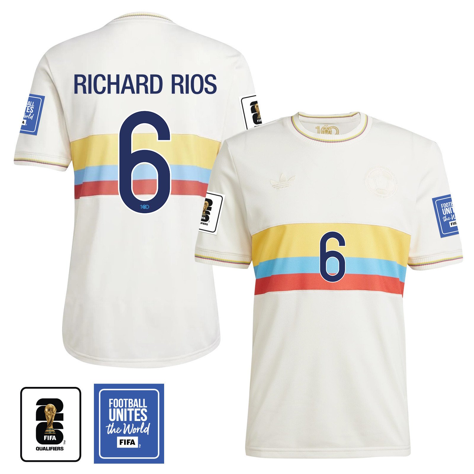 Richard Rios 6 Colombia 2024 100th Anniversary Jersey & 2026 FIFA World Cup Qualifiers Patch - Men, Chalk White