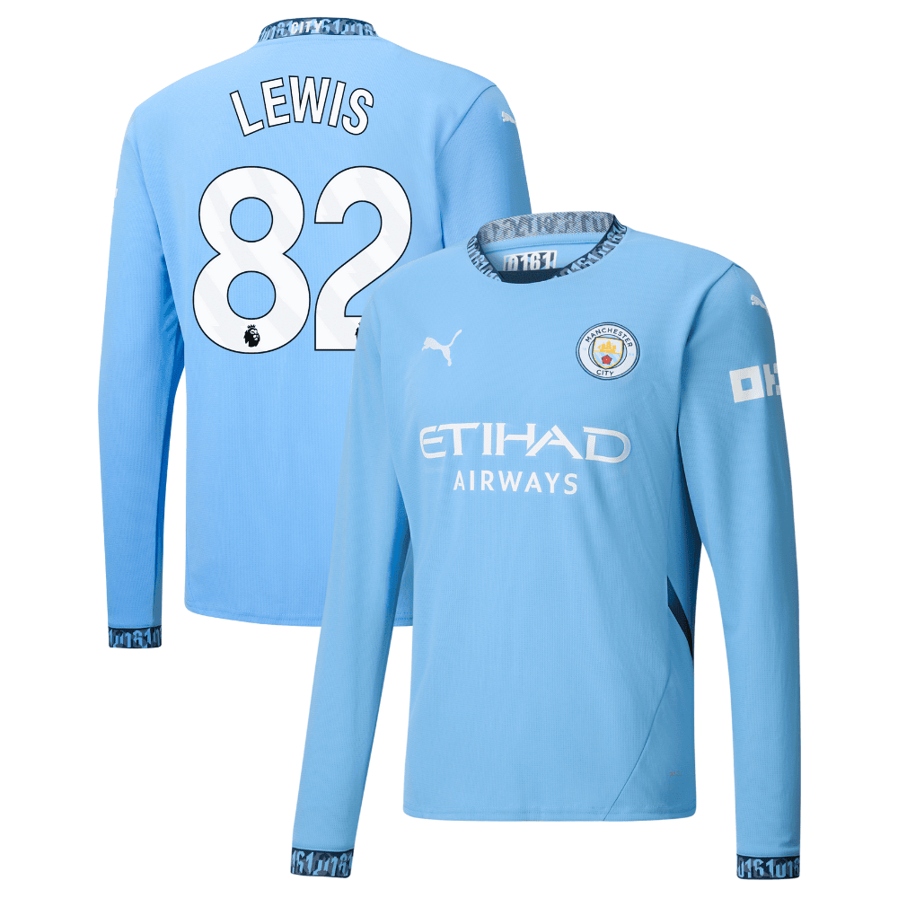 Rico Lewis 82 Manchester City 2024/25 Home Long Sleeve Men Jersey - Light Blue
