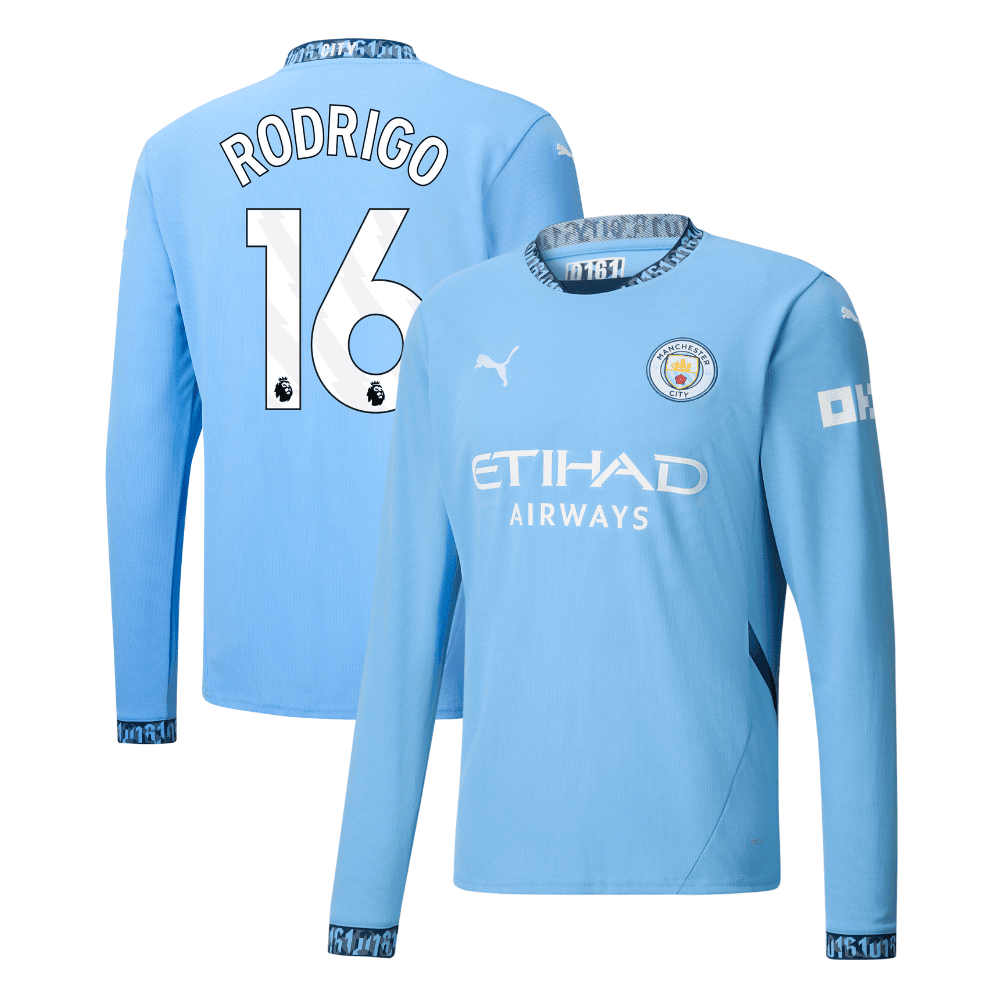 Rodrigo 16 Manchester City 2024/25 Home Long Sleeve Men Jersey - Light Blue