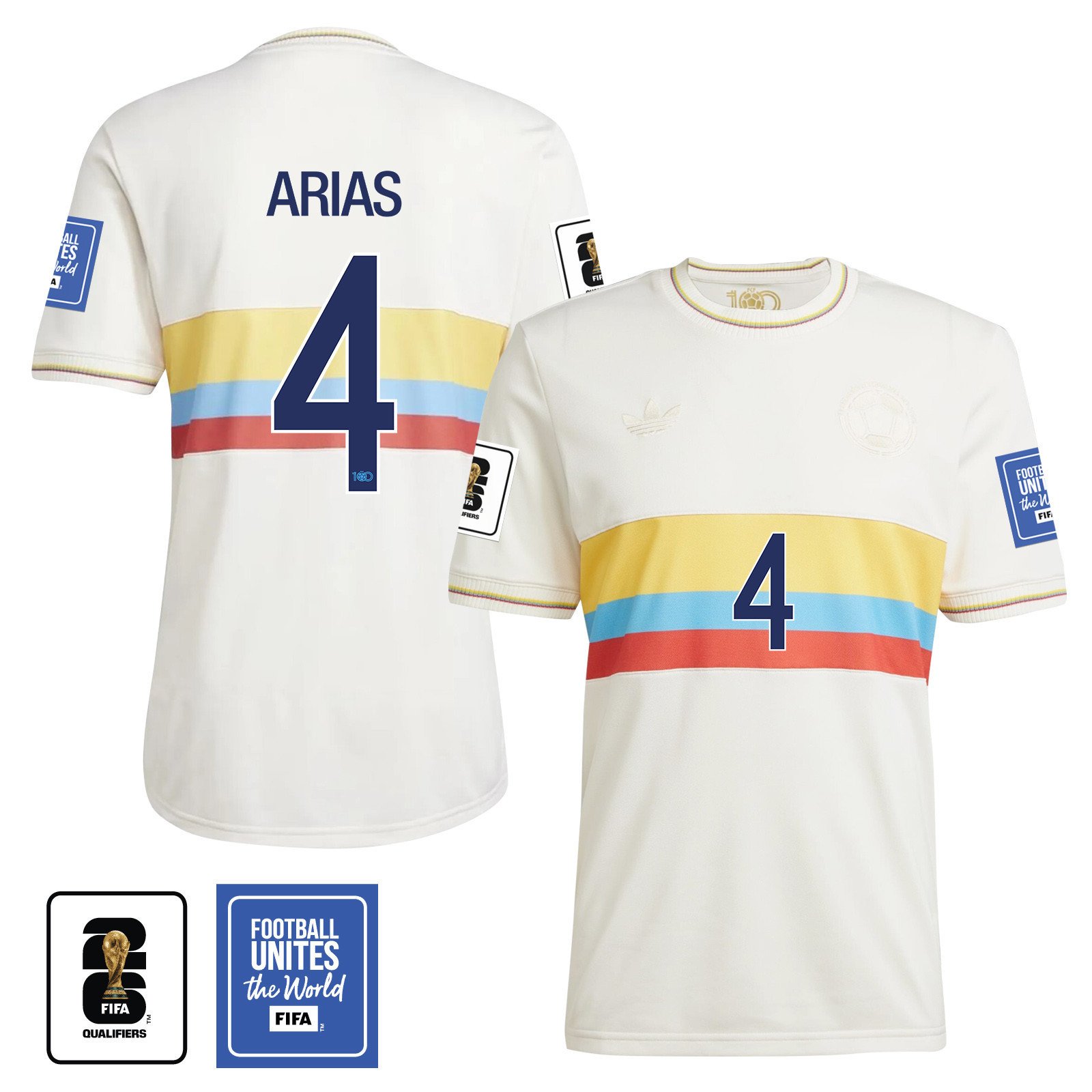 Santiago Arias 4 Colombia 2024 100th Anniversary Jersey & 2026 FIFA World Cup Qualifiers Patch - Men, Chalk White