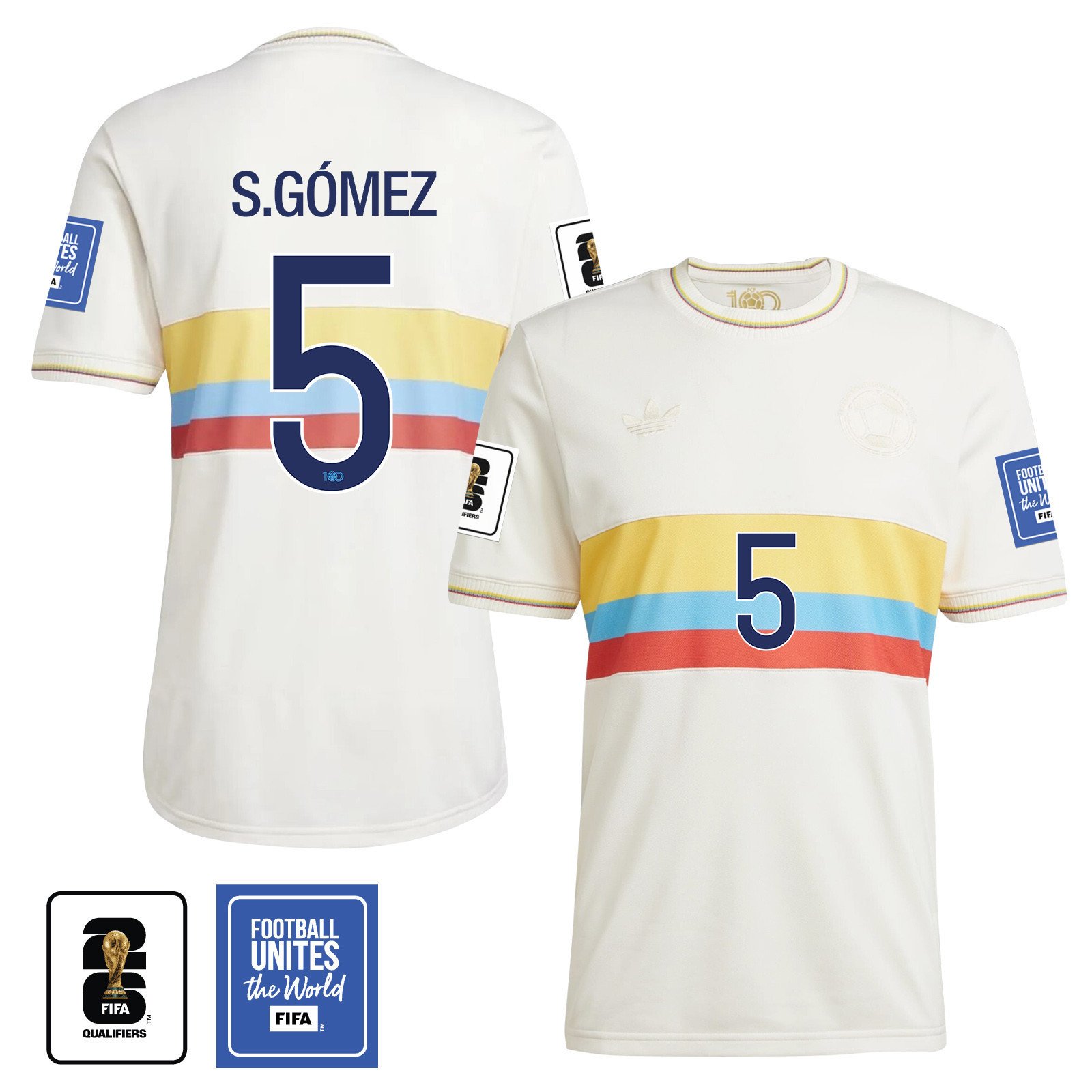 Sebastián Gómez 5 Colombia 2024 100th Anniversary Jersey & 2026 FIFA World Cup Qualifiers Patch - Men, Chalk White