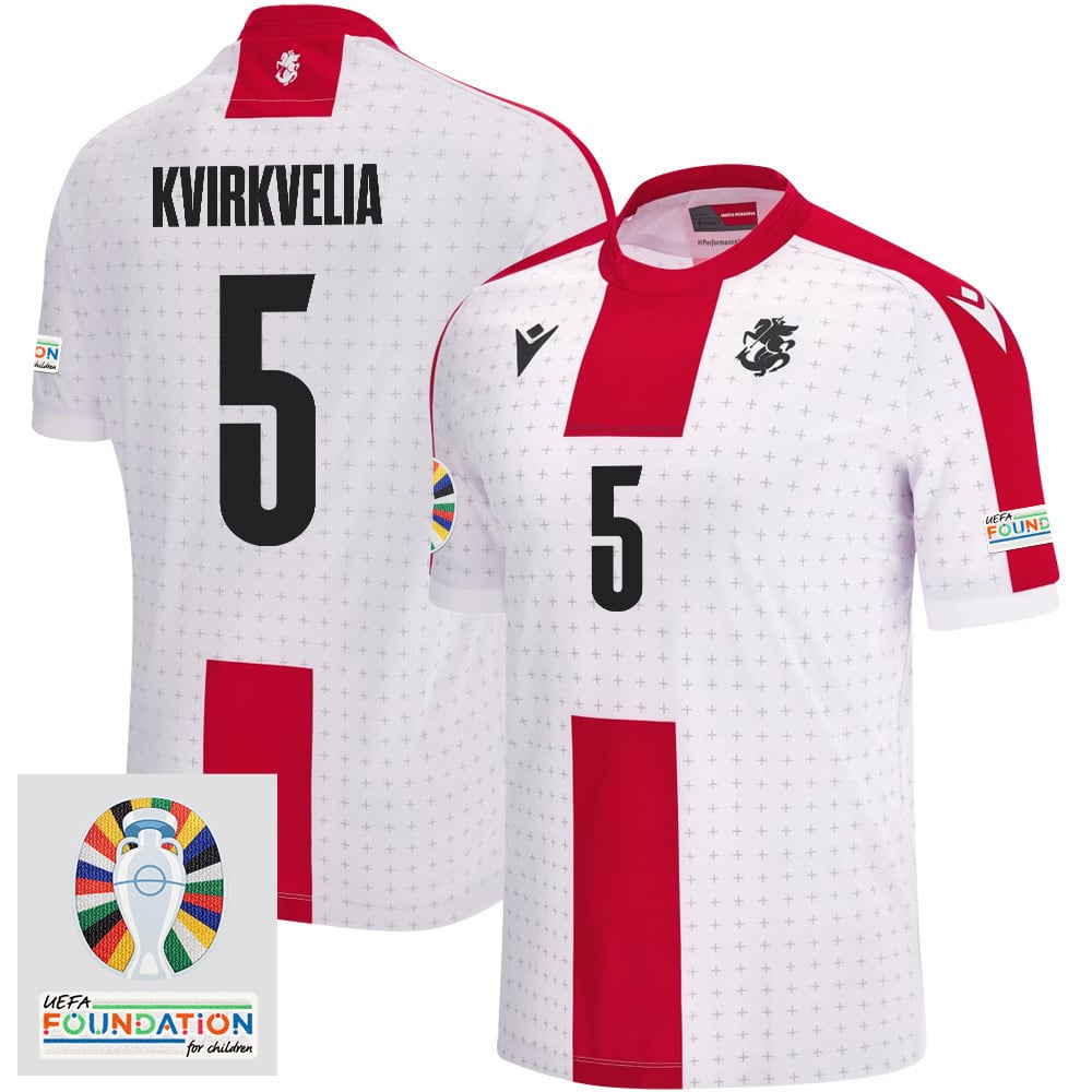 Solomon Kvirkvelia 5 Georgia National Team 2024 Euro & Foundation Patch Home Men Jersey - White