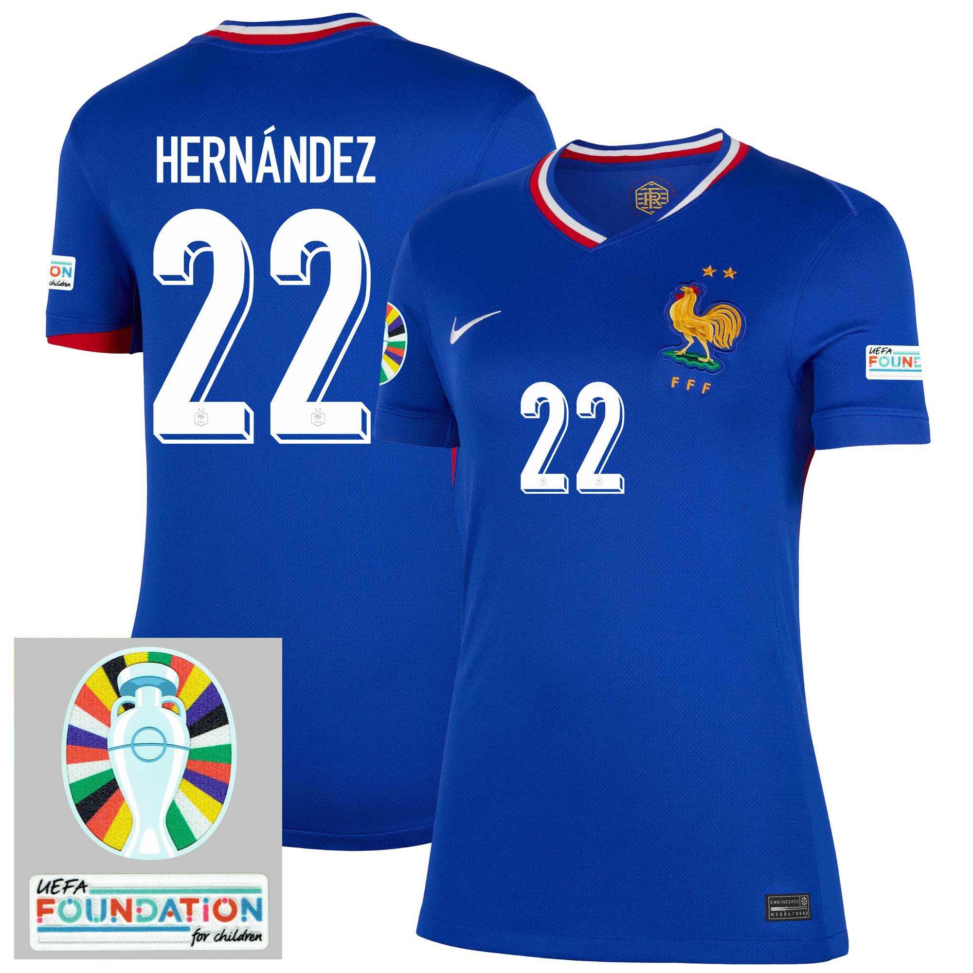 Theo Hernández 22 France National Team 2024/25 Women's Home Jersey - Euro UEFA Patch - Blue