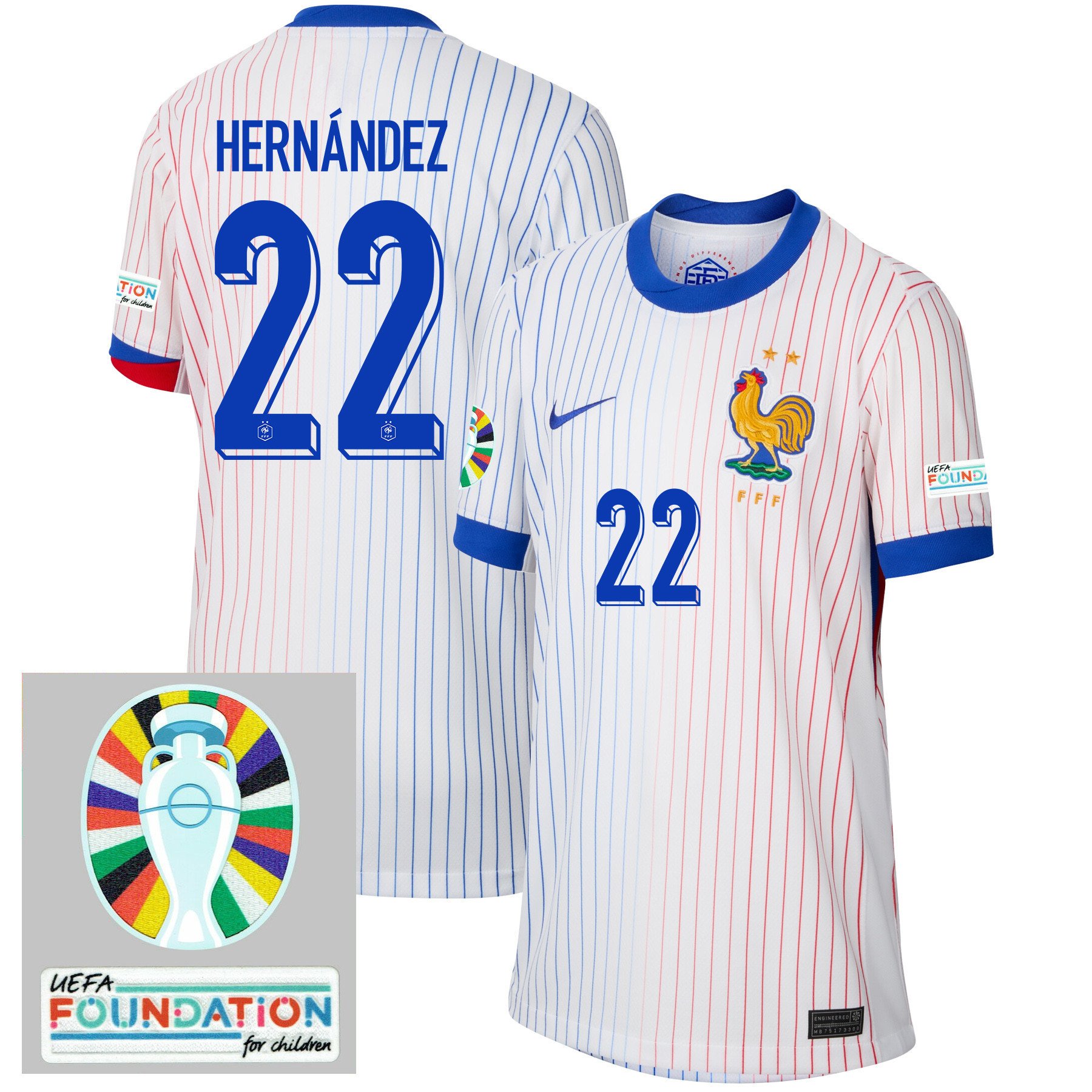 Theo Hernández 22 France National Team 2024/25 YOUTH Away Jersey - Euro UEFA Patch - White
