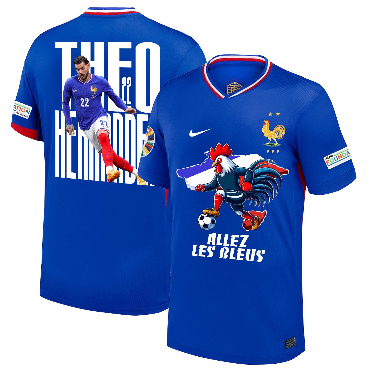 Theo Hernández 22 Star Player Of France National Team 2024/25 Home Jersey - Euro UEFA Patch - Men, Blue