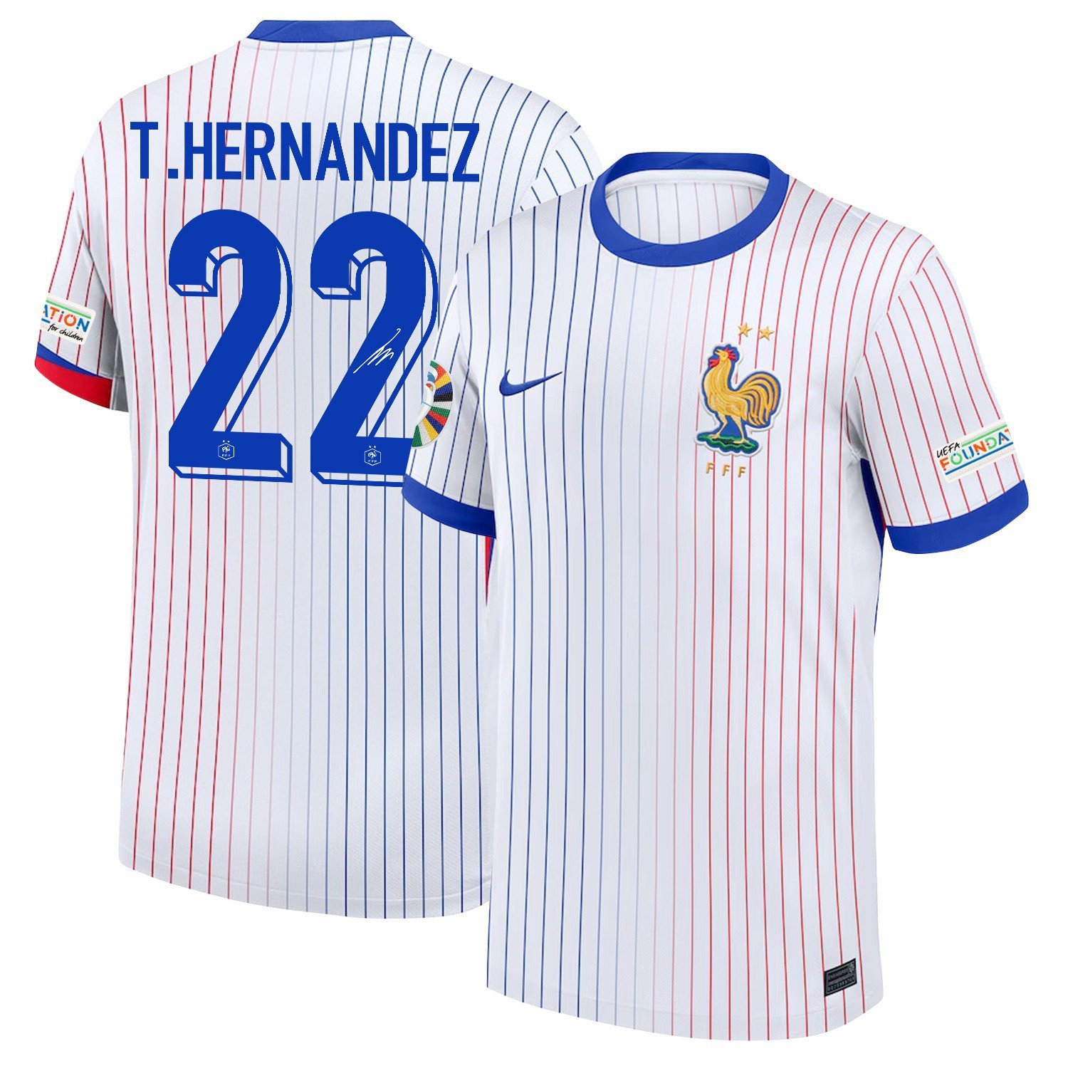 T.Hernandez 22 Signed France National Team 2024/25 Away Jersey - Euro UEFA Patch - Men, White