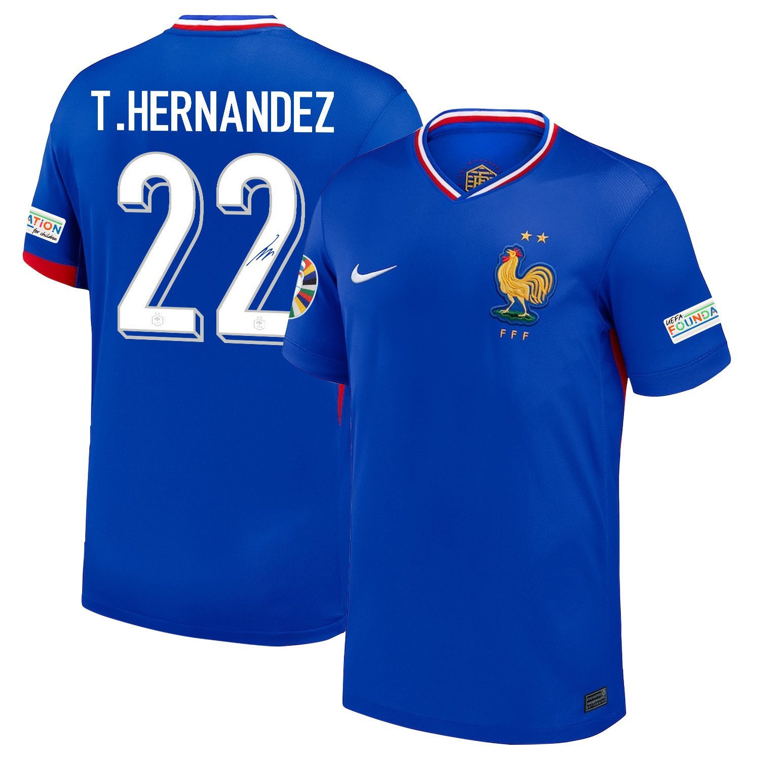 T.Hernandez 22 Signed France National Team 2024/25 Home Jersey - Euro UEFA Patch - Men, Blue