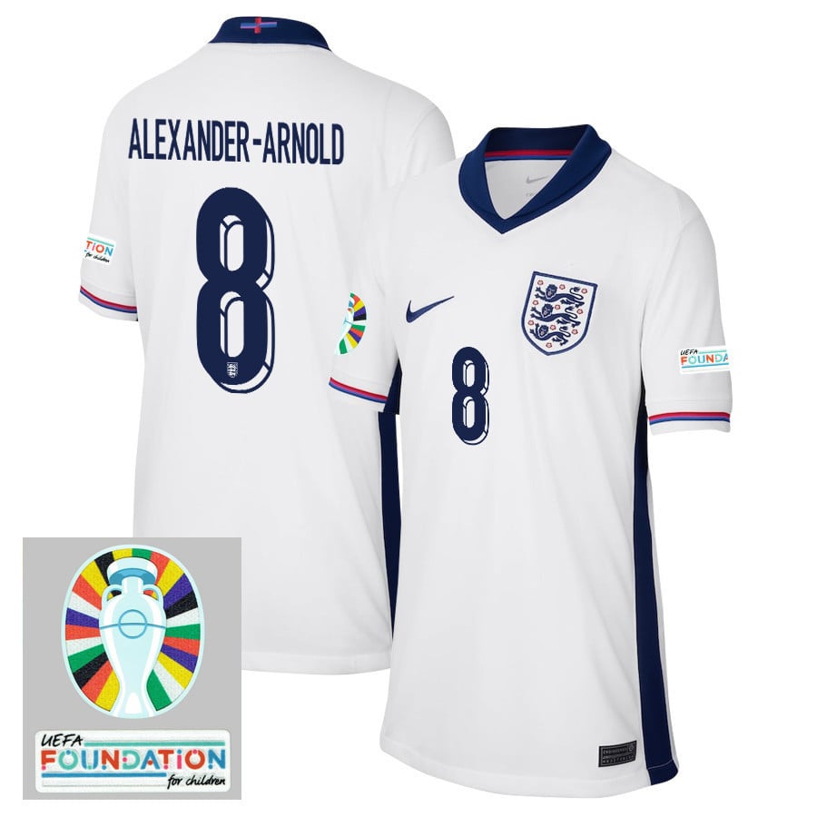 Trent Alexander-Arnold 8 England National Team 2024/25 YOUTH Home Jersey - Euro UEFA Patch - White