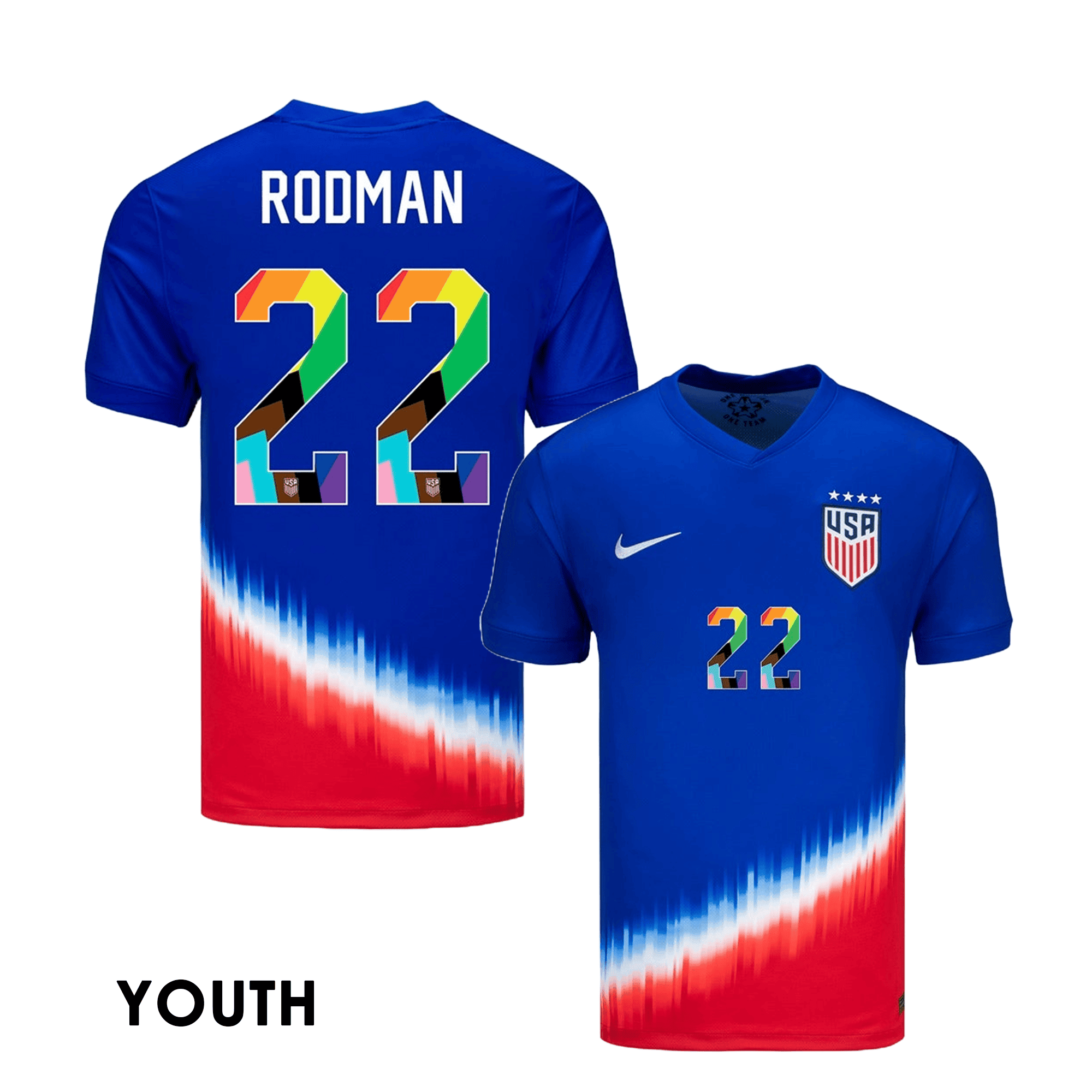 Trinity Rodman 22 USWNT 2024 Pride-Themed YOUTH Away Jersey - Blue