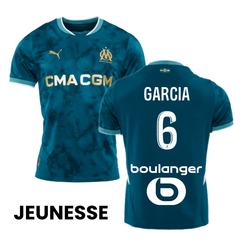 Ulisses Garcia 6 Olympique de Marseille 2024/25 Away YOUTH Jersey - Turquoise Blue