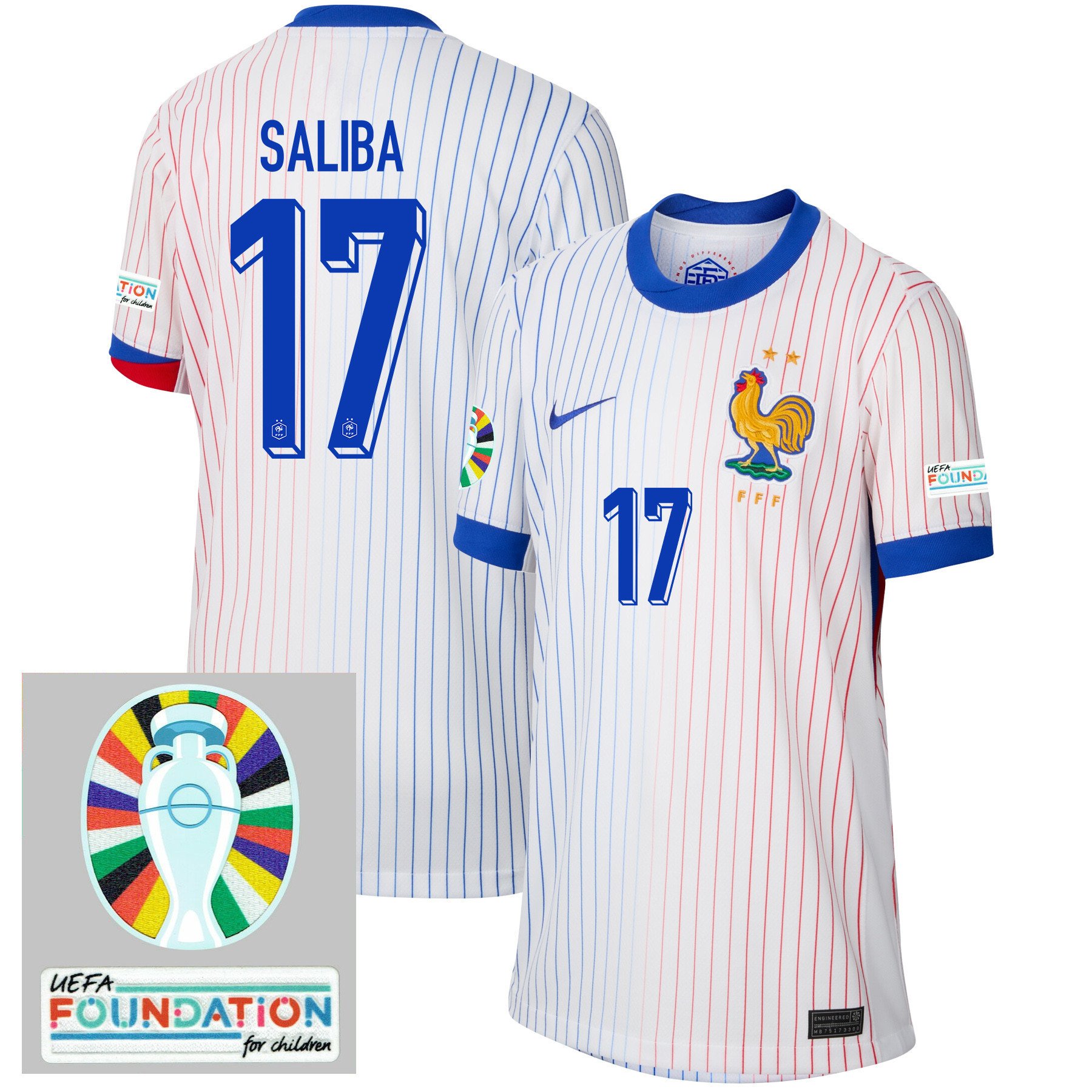 William Saliba 17 France National Team 2024/25 YOUTH Away Jersey - Euro UEFA Patch - White