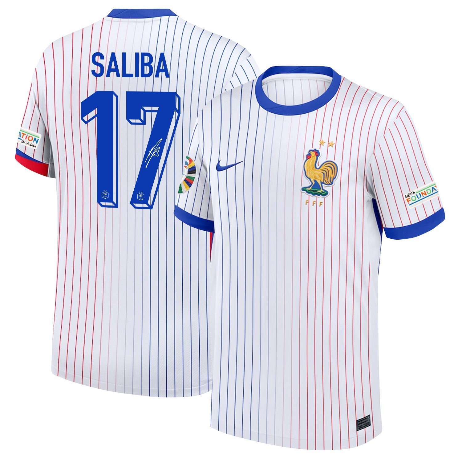 William Saliba 17 Signed France National Team 2024/25 Away Jersey - Euro UEFA Patch - Men, White