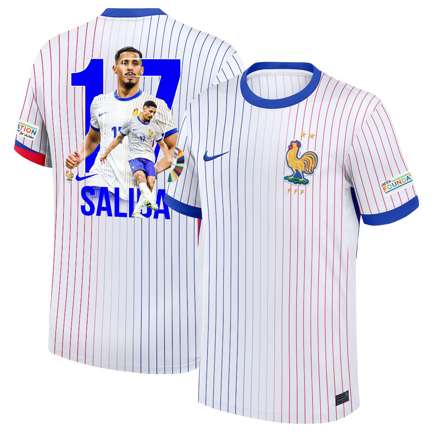 William Saliba 17 Star Player Of France National Team 2024/25 Away Jersey - Euro UEFA Patch - Men, White