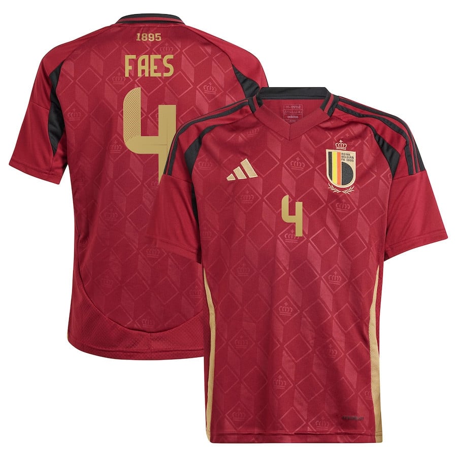 Wout Faes 4 Belgium National Team 2024 Home YOUTH Jersey - Burgundy